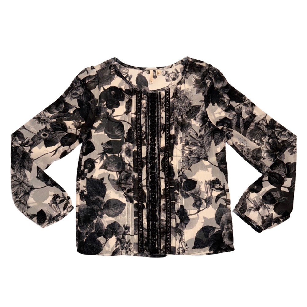 FRENCHI Black/White Floral Lace Long Sleeve Sheer Blouse Top Women’s Size Small